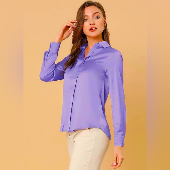 Allegra K Women's Satin Blouse Elegant V Neck Long Sleeve - Lavender - Picture 4 of 5